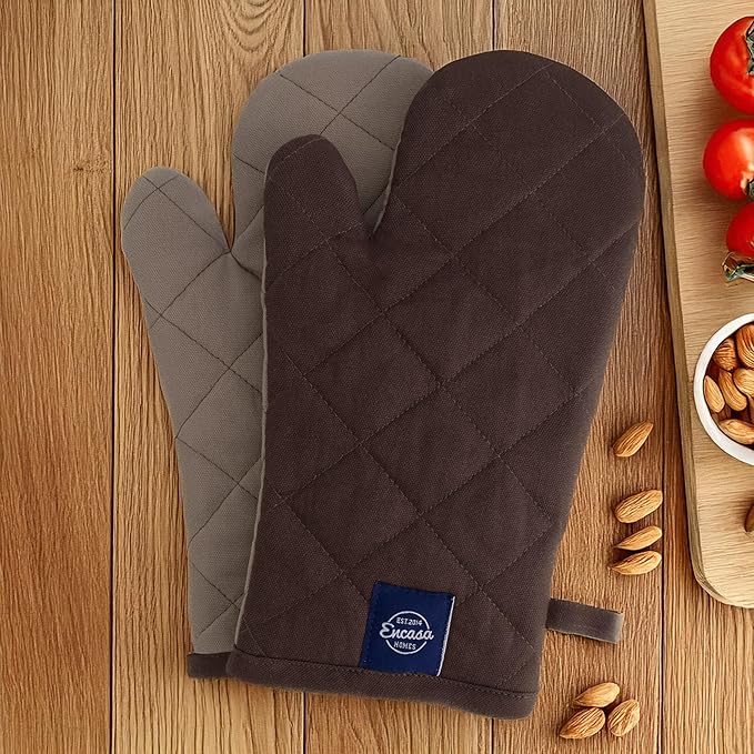 Encasa XO Heat Resistant Cotton Oven Gloves Mitts (2 Pc Set) - Quilted & Safe 12x6.6 in - for Kitchen, Cooking & Baking, Grilling, Handling Hot Pots & Pans - Dark Taupe & Beige