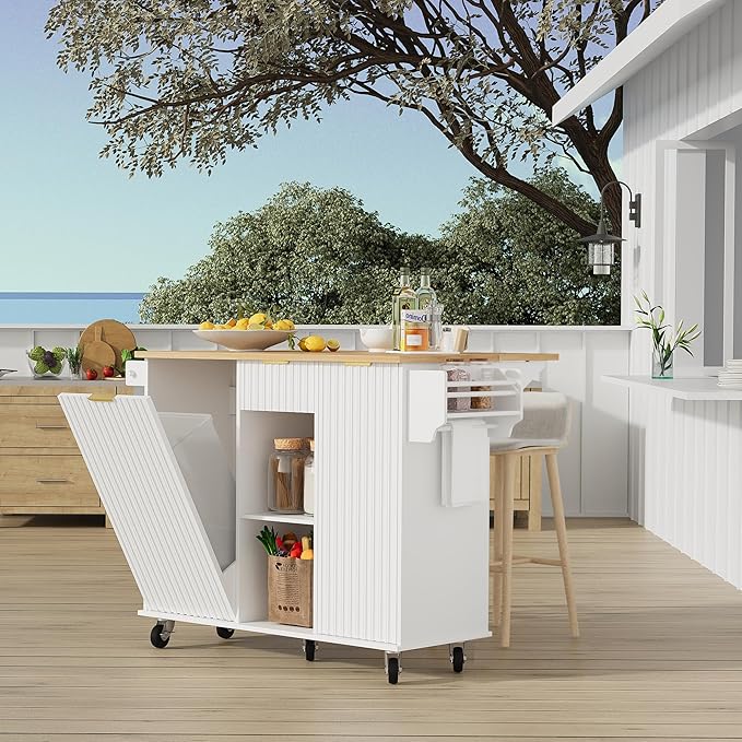 win2win Rolling Kitchen Island with Trash Can Storage, Portable Kitchen Island with Drop Leaf Breakfast Bar, Modern Farmhouse Kitchens Cart on Wheels with Fluted Design, Towel Rack, Spice Rack, White