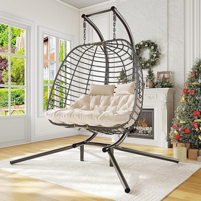 Double Hanging Egg Chair wth Stand, Patio Hammock Swing Chair with Cushion Loveseat for Bedroom, Balcony, Garden, Indoor, Outdoor, Beige