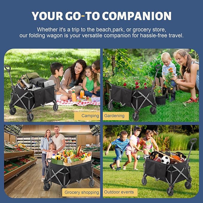 Collapsible Folding Wagon Cart, 220LBS Heavy Duty Foldable Utility Garden Cart with All Terrain Wheels & Side Storage Bag, Portable Sports Wagon for Camping, Shopping, Garden (Black)
