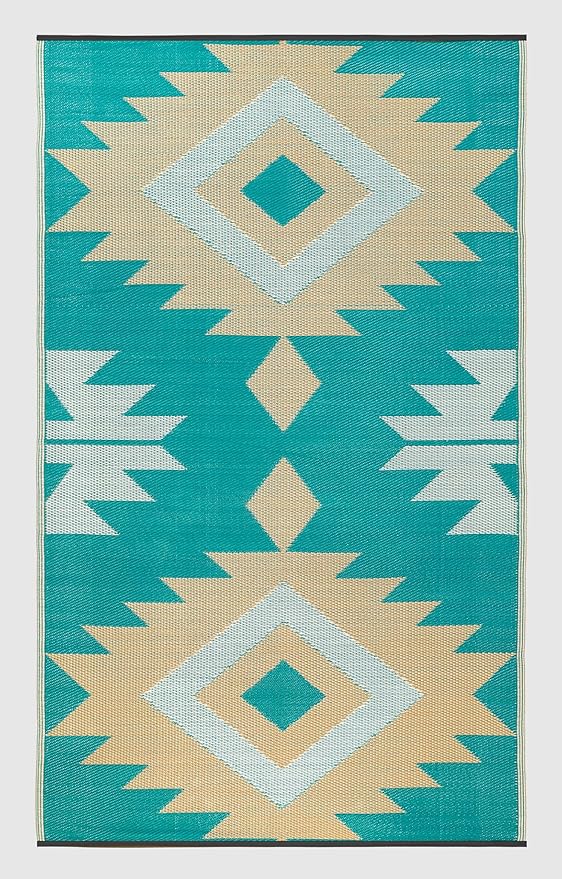 FH Home Outdoor Rug - Waterproof, Fade Resistant, Reversible - Premium Recycled Plastic - Geometric - Porch, Deck, Balcony, Mudroom, Laundry Room, Patio - Bursa Kilim - Teal Crease Free - 3 x 5 ft