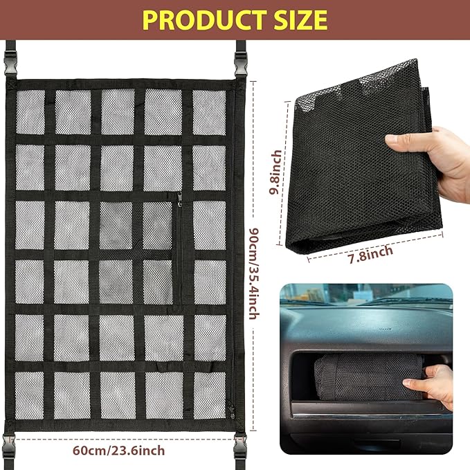 Kaskawise SUV Car Ceiling Cargo Net Pocket,35.4"x23.6" Double-Layer Mesh Car Roof Storage Organizer for Ford,F150,Jeep,Honda CRV,RAV4,Van Organizers and Storage,Camping Accessories