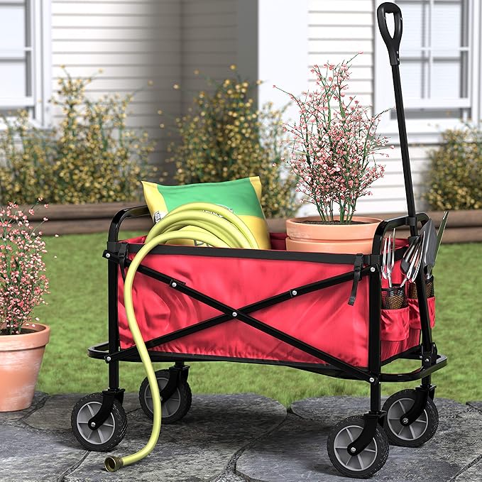 Amazon Basics Collapsible Folding Heavy Duty Utility Wagon for Outdoor Sports, 265 pounds Weight Capacity, Camping, Garden, and Shopping, 27.6 x 40.9 x 20 inches, Red