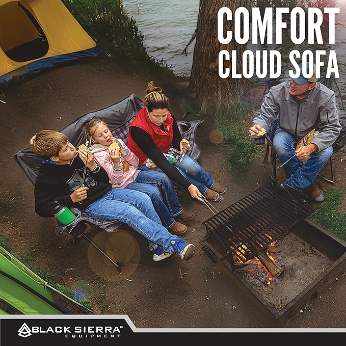 Black Sierra Double Camping Chair for Adults, Oversized Folding Loveseat Supports 600 lbs, Plush Padded Outdoor Couch with Cup Holders and Carry Bag for Beach, Patio, RV, or Tailgating Events