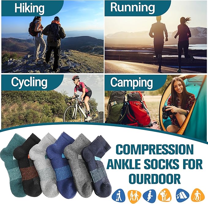 6 Pairs Merino Wool Ankle Running Hiking Socks Compression Support Breathable Thick Cushion No Show Socks for Women Men