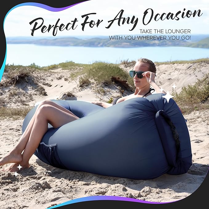 Nevlers Inflatable Lounger | 210T Polyester Inflatable Chair | No-Pump Blow Up Couch | Camping Couch Air Sofa Bed w/ 450 lbs. Cap., Pockets & Matching Bag | Use as Inflatable Couch for Adults & Kids