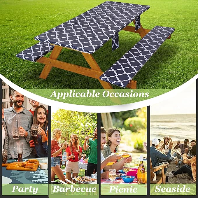 Fitted Picnic Table Cover with Bench Covers Waterproof Elastic Edges Rectangle Patio Tablecloth Outdoor Camping Essentials Stuff Rv Accessories Summer Trip Travel Supplies Party Camper Gifts, 6 f