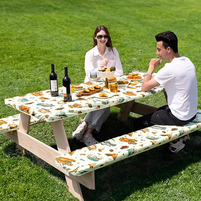 72 X 30 Inch Elastic Fitted Camping Table Cover with Bench Covers & Storage Bag, Picnic Tablecloth, Fits 6ft Picnic Tables, Polyester, Washable, Spill Resistant, Waterproof - Vintage