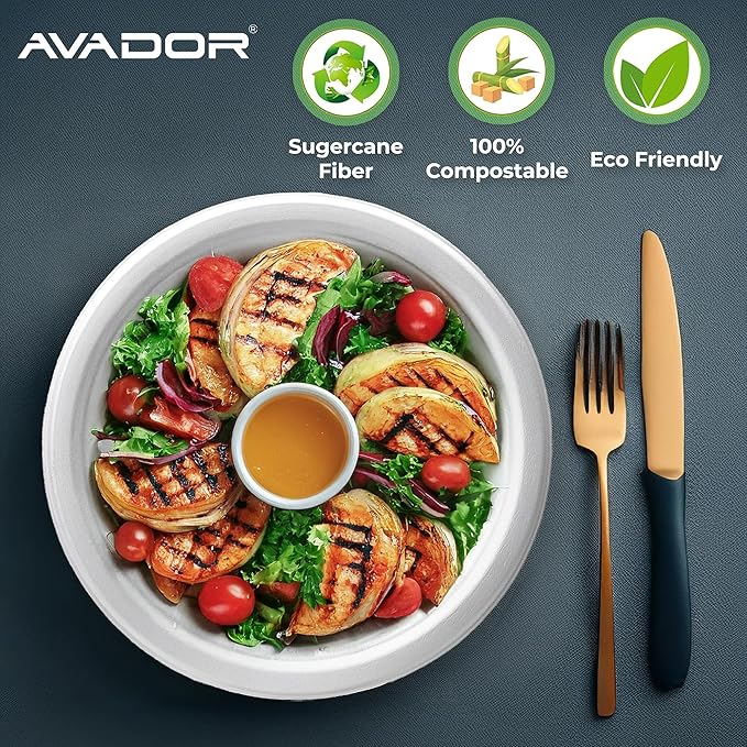 AVADOR® Compostable Tableware 100% Eco-Friendly & Biodegradable Dinnerware Eco-Conscious, Disposable, and 100% Biodegradable (6 inch Round Plates Pack of 100)
