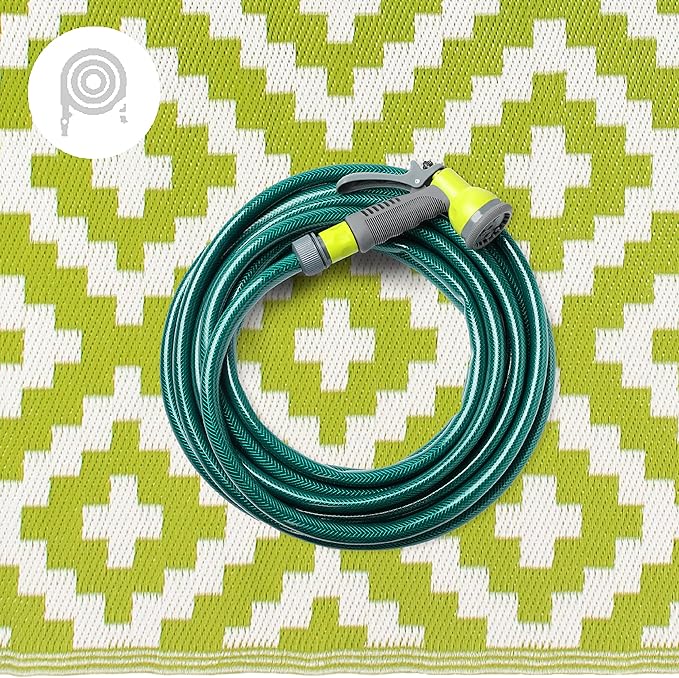 FH Home Outdoor Rug - Waterproof, Fade Resistant, Reversible - Premium Recycled Plastic - Geometric - Large Patio, Deck, Sunroom, Camping, RV - Aztec - Green & White Crease Free - 6 x 9 ft