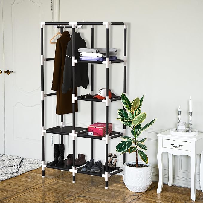 Portable Closet Wardrobe with 6 Storage Shelves and 1 Hanging Rack | Small Closet Clothes Organizer Portable Wardrobe Closet for Hanging Clothes (Grey, Small)