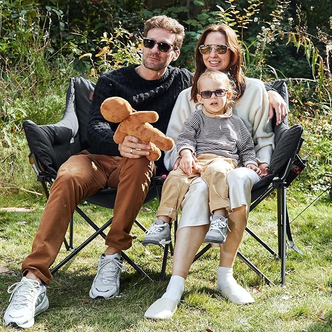 EVER ADVANCED Double Camping Chair for Adults, Padded Folding Camping Loveseat Bench with Side Pocket Portable Camping Couch, Two Person Heavy Duty Outdoor Chair with Cushion,Support 600lbs, Black