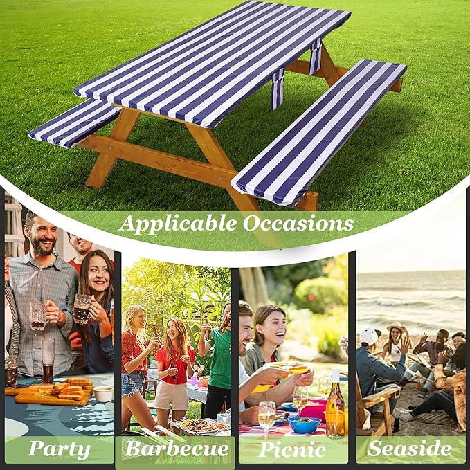 Fitted Picnic Table Cover with Bench Covers Waterproof Elastic Edges Rectangle Patio Tablecloth Outdoor Camping Essentials Stuff Rv Accessories Summer Trip Travel Supplies Party Camper Gifts, 8 ft