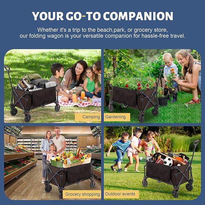 Collapsible Folding Wagon Cart, 220LBS Heavy Duty Foldable Utility Garden Cart with All Terrain Wheels & Side Storage Bag, Portable Sports Wagon for Camping, Shopping, Garden