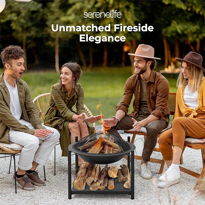 SereneLife Portable Outdoor Fire Pit - 2-in-1 Steel BBQ Grill and 26" Wood Burning Fire Pit Bowl with Mesh Spark Screen, Log Grate, Fire Poker, and Cover for Camping, Picnic, Bonfires