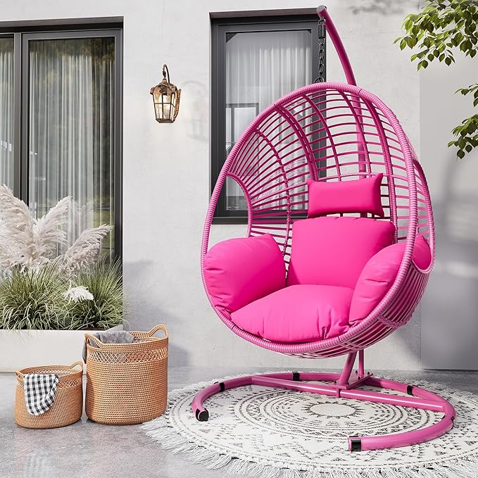 Oversized Hanging Egg Chair Outdoor Indoor, Wicker Swing Egg Chair with Stand 400lbs Capacity for Bedroom, Patio, Garden and Balcony (Pink-Regular, Oversize)