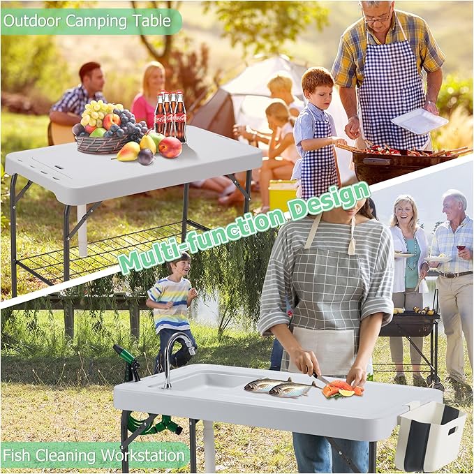 Dragosum Outdoor Sink Fish Cleaning Table Portable Camping Table with Faucet Hose Hook Up Grid Rack, Fish Fillet Camping Sink Table, Fish Cleaning Kit for Picnic Beach Patio