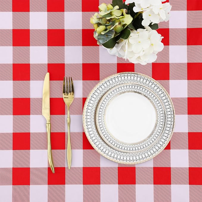 misaya Buffalo Rectangle Picnic Tablecloth, 6 Foot Elastic Fitted Vinyl Table Cloth with Flannel Backing, Waterproof Plaid Table Covers for Dining, Camping, Outdoor (Red and White, 30" x 72")