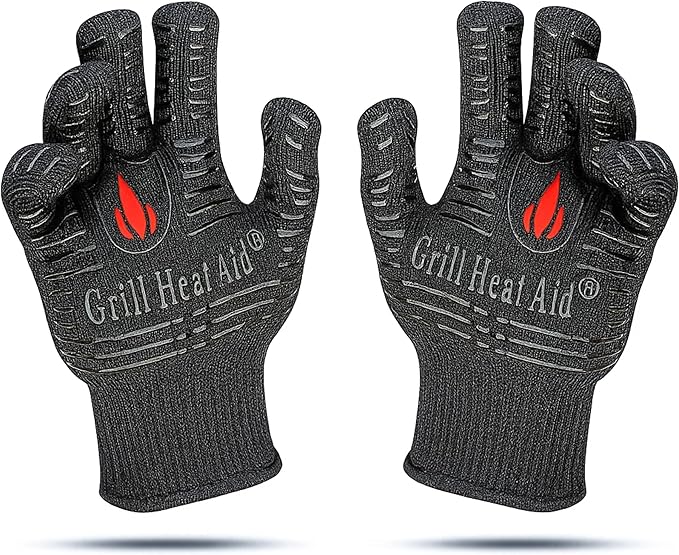 GRILL HEAT AID BBQ Grill Gloves Heat Proof for Grilling – Fireproof 1472°F Heat-Resistant Grill Mitts for Outdoor Barbecue and Smoker, Campfire, Fire Pit, Oven Glove with Fingers for Baking Pizza