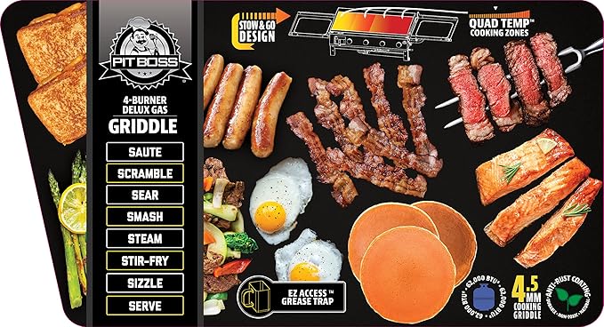 Pit Boss PB757GD Four Burner LP Fold Over Side Shelves 36" Gas Flat Top Griddle with Fitted Cover, 4 Deluxe, BLACK