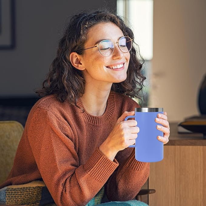 DOMICARE 24oz Mug with Handle and Lid, Stainless Steel Coffee Mug, Travel Mug with Handle, Double Wall Vacuum Coffee Tumbler, Reusable Insulated Cup, Blue, Pack 4