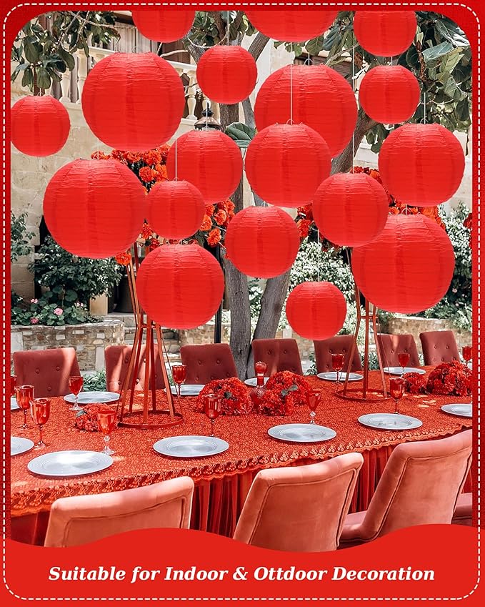 Treela 48 Pcs Paper Lanterns Party Decorations Chinese Round Paper Lanterns 4/6/8/10 Inch Asian Hanging Lamps Decorative for Birthday Party Supplies(Red)