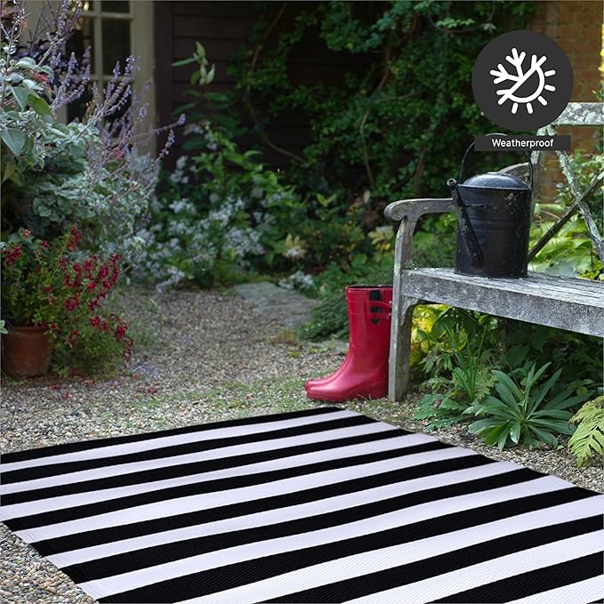 FH Home Outdoor Camping Rug - Waterproof, Fade Resistant, Reversible - Premium Recycled Plastic - Striped - Large Patio, Deck, Sunroom, RV - Brittany Stripe - Black & White - 9 x 18 ft Foldable