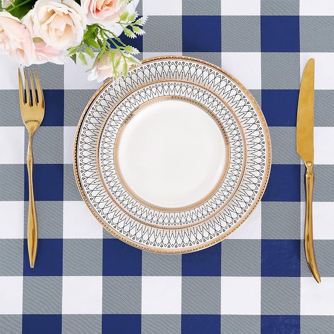 misaya Rectangle Waterproof Vinyl Table Cloth, Buffalo Flannel Backed Tablecloth, Wipeable Plastic Table Cover for Dinner, Kitchen, Outdoor (60" x 84", White and Navy)