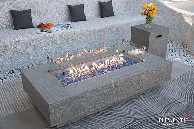 Elementi+ | Riviera Gas Fire Pit Cast Concrete 60" Rectangular Fire Table, Outdoor Fire Pit Electronic Ignition | Canvas Cover, Fire Glass and Burner Lid Included | Light Gray | Propane Gas