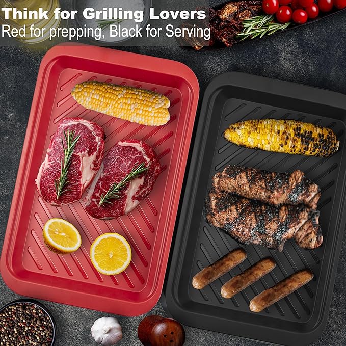 Deep Grilling Prep and Serve Trays with lid, BBQ Tray for Marinating Raw and Cooked Food, Diswasher Safe Nesting Trays Black in Red