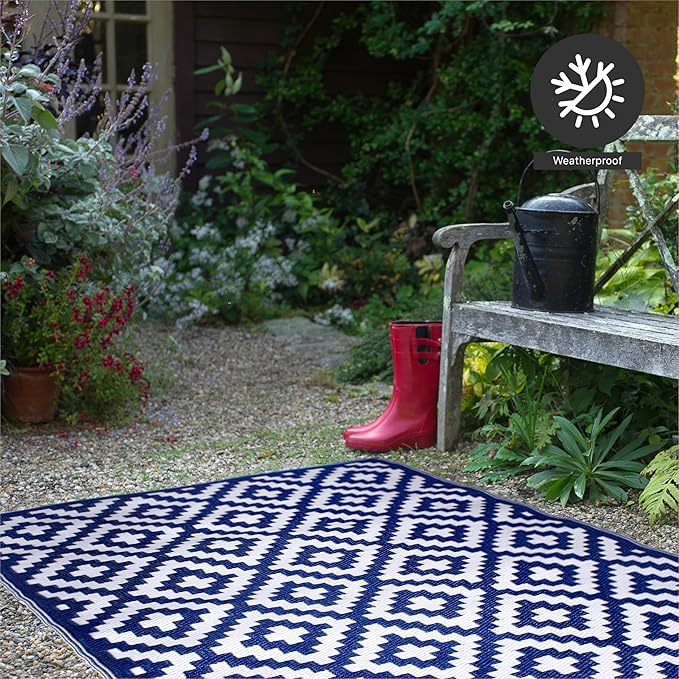 FH Home Outdoor Rug - Waterproof, Fade Resistant, Reversible - Premium Recycled Plastic - Geometric - Large Patio, Deck, Sunroom, Camping, RV - Aztec - Blue & White Crease Free - 6 x 9 ft