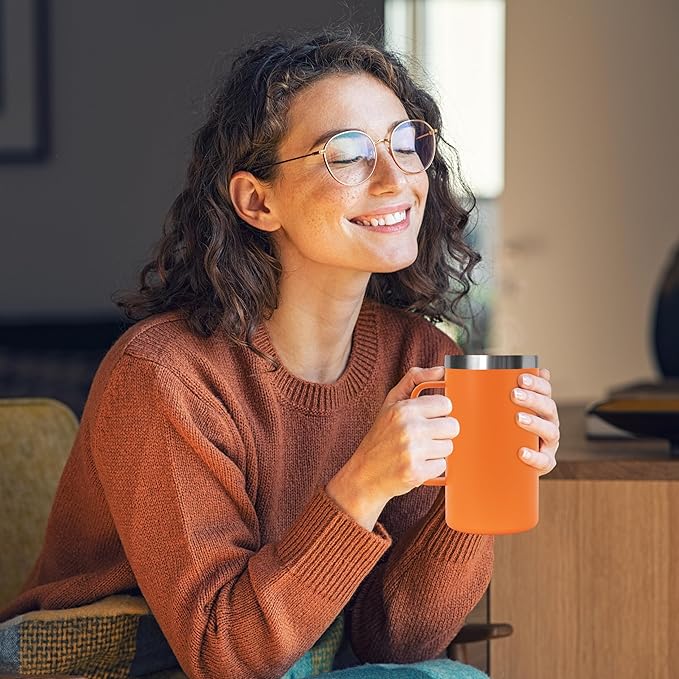 DOMICARE 24oz Mug with Handle and Lid, Stainless Steel Coffee Mug, Travel Mug with Handle, Double Wall Vacuum Coffee Tumbler, Reusable Insulated Cup, Orange, Pack 8
