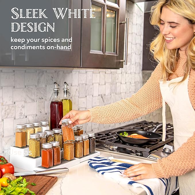 Oizeir Plastic 3-Tier Expandable Spice Rack, Adjustable Length, Stability with Non-Skid Shelf, For Easy Visibility, Organizer for Kitchen Cabinet, Pantry or Countertop, (2-Pack), White/Grey