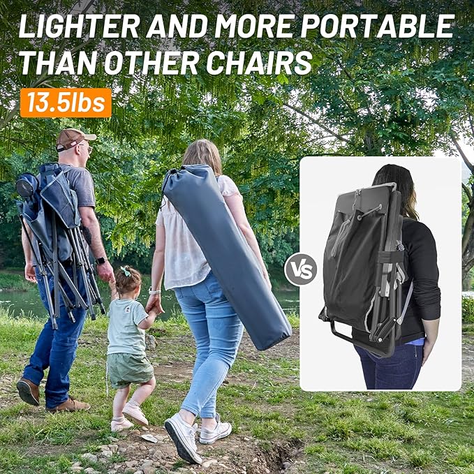 TIMBER RIDGE Oversized Camping Chair with Lumbar Support, Portable Folding Chair Heavy Duty for Adults Supports 450 LBS for Outdoor Camping, Lawn, with High Back, Cup Holder, Side Pocket - Grey