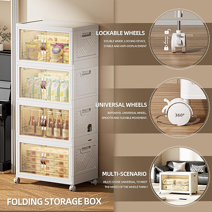 340 QT / 85 Gal Magnetic Door Storage Bins Collapsible Stackable w/1 Lid, Heavy Duty Plastic Cabinet with Wheels for Home Office Organization (White)