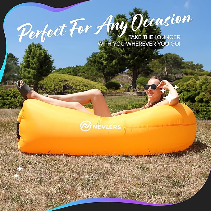 Nevlers Inflatable Lounger | 210T Polyester Inflatable Chair | No-Pump Blow Up Couch | Camping Couch Air Sofa Bed w/ 450 lbs. Cap., Pockets & Matching Bag | Use as Inflatable Couch for Adults & Kids