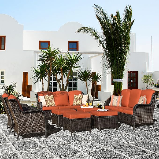 ovios 8 Pieces Patio Furniture Set, Outdoor Wicker Sofas with 2 Chairs, 4 Ottomans and Comfy Cushions, All Weather High Back Couch Set for Deck Porch, Brown Rattan, Orange Red