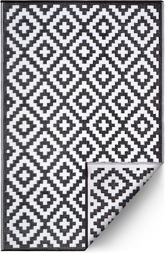 FH Home Outdoor Camping Rug - Waterproof, Fade Resistant, Reversible - Premium Recycled Plastic - Geometric - Picnic, Patio, Deck, Sunroom, RV - Aztec - Black & White - 4 x 6 ft Foldable