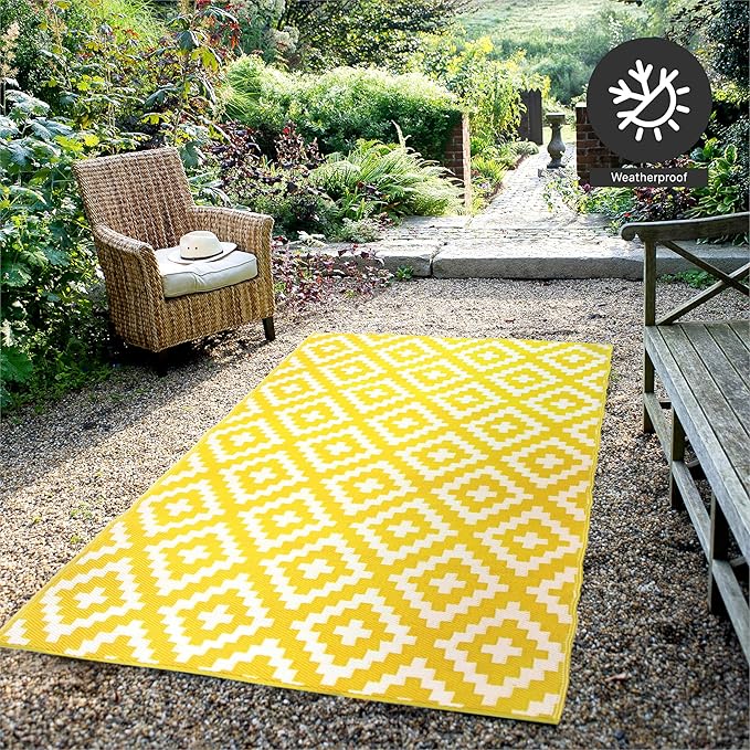 FH Home Outdoor Camping Rug - Waterproof, Fade Resistant, Reversible - Premium Recycled Plastic - Geometric - Large Patio, Deck, Sunroom, RV - Aztec - Yellow & White - 9 x 12 ft Foldable