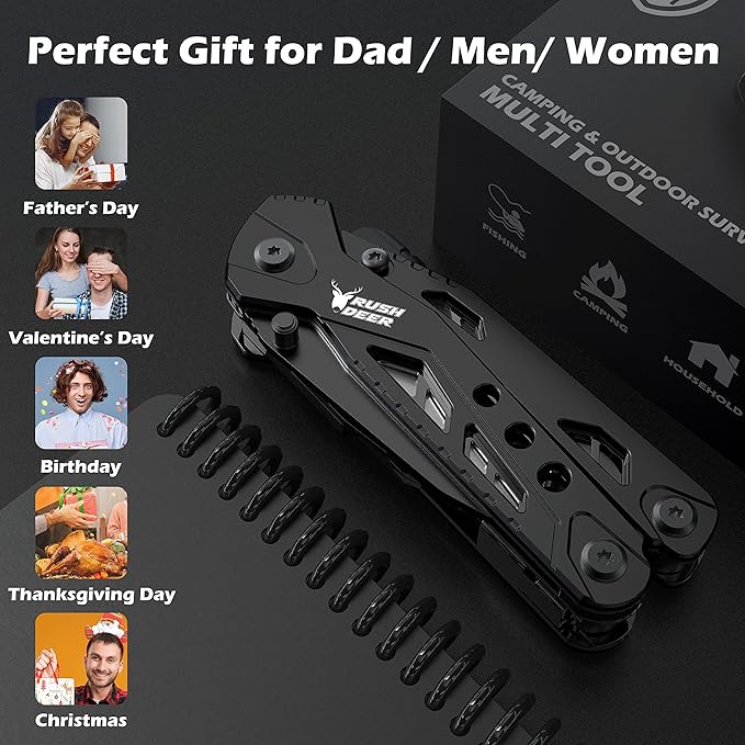 Rush Deer Pocket Knife - Folding EDC Multitool for Men, Small and Versatile Camping, Fishing, and Hiking Accessories Set (Black)