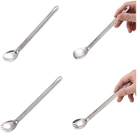 Lot of 2 Titanium Long Handle Spoon & Spork (2 in 1 spoon & fork) Outdoor Ultralight Portable Stirring/Mixing Cookware Polished bowl Flatware for Kitchen Camping Hiking Traveling w. Storage bag