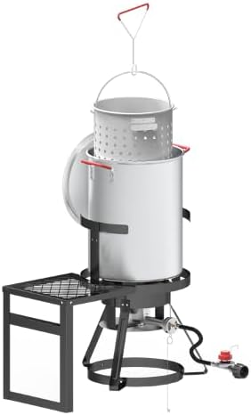 30Qt Turkey Fryer with Basket, Outdoor Propane Deep Fryers Burner Stand, 50,000BTU Cast Iron Burner, Steamer and Seafood Boiler Set, Black