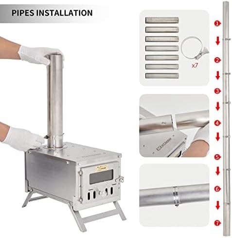XCMAN Camping Wood Stove | Backpacking Stove | Small Tent Stove Portable Tiny Wood Burning Stove for Tents, Ice fishing Tent, and Camping Precision Stainless Steel Construction, Includes Chimney Pipe