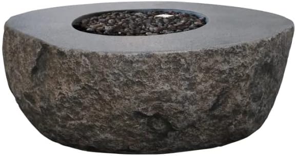 Elementi | Boulder Gas Fire Pit Cast Concrete Semi-Round Fire Table, Outdoor Fire Pit Electronic Ignition | Canvas Cover, Lava Rock Included | Propane Gas