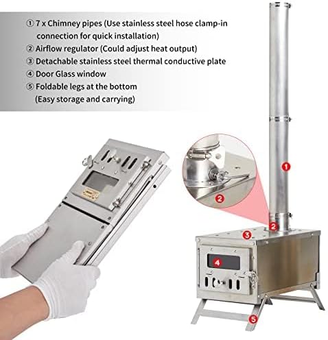 XCMAN Camping Wood Stove | Backpacking Stove | Small Tent Stove Portable Tiny Wood Burning Stove for Tents, Ice fishing Tent, and Camping Precision Stainless Steel Construction, Includes Chimney Pipe