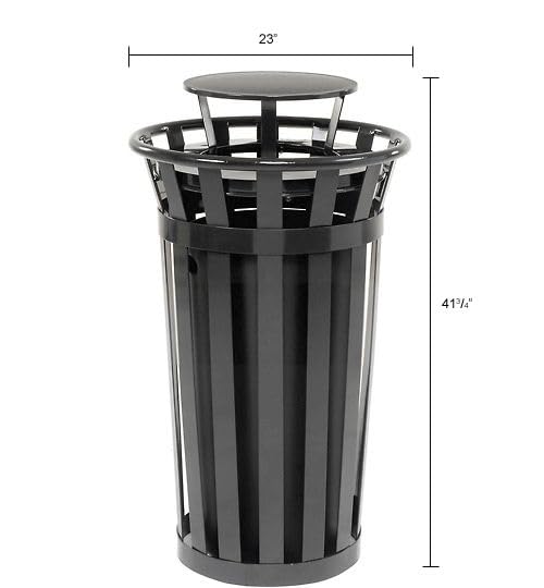 Global Industrial 24 Gallon Heavy-Duty Outdoor Metal Slatted Round Trash Receptacle with Rain Bonnet Lid, Powder Coat Finish, 23" Diameter x 41-3/4"H, Black