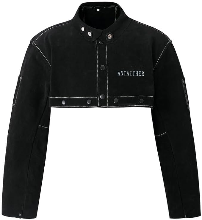 ANTAITHER Leather Welding Jacket with Open Back, Bib Apron with Cape Sleeve, Heat Flame Resistant Welder Coat