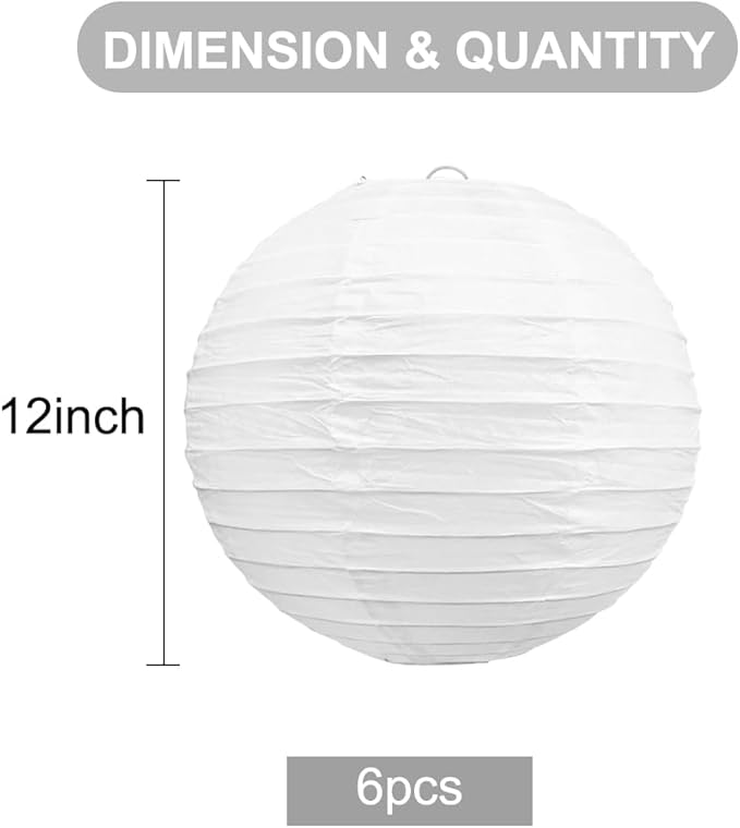 BEISHIDA 12-Inch White Paper Lanterns Decorative Chinese/Japanese Hanging Round Paper Lanterns Lamp for Birthday, Wedding, Christmas, Bridal, Home Decor, Party Decoration (6 Packs)