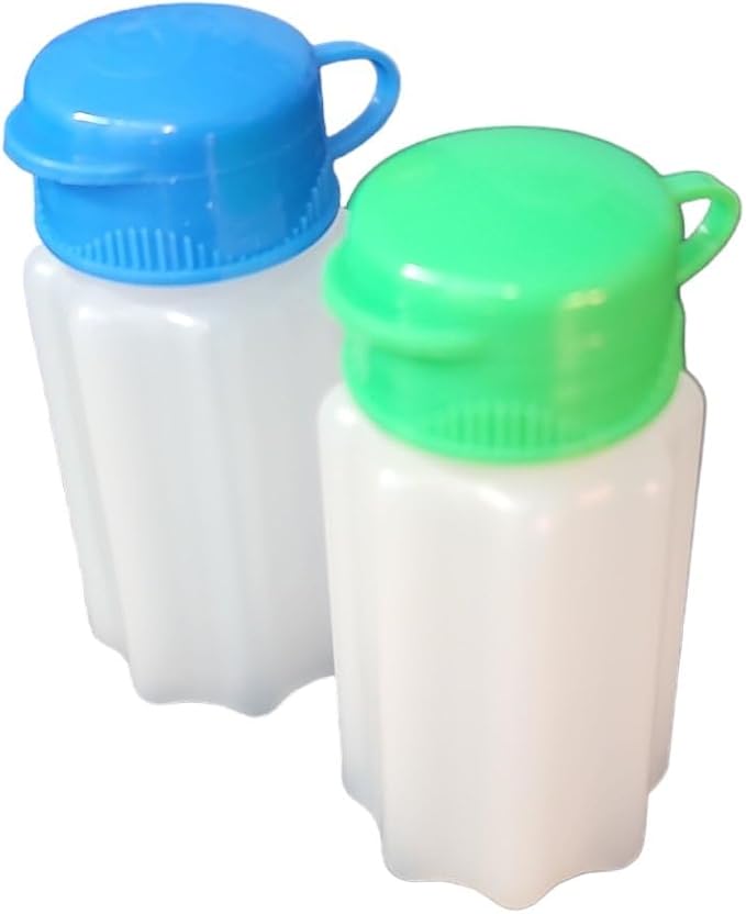 Spill-Proof Flip-Lid Mini Salt & Pepper Shakers | Compact Durable Plastic Travel Spice Dispenser Set for Lunch Bags, Camping & Outdoor Cooking | Blue and Green (1 Pair)