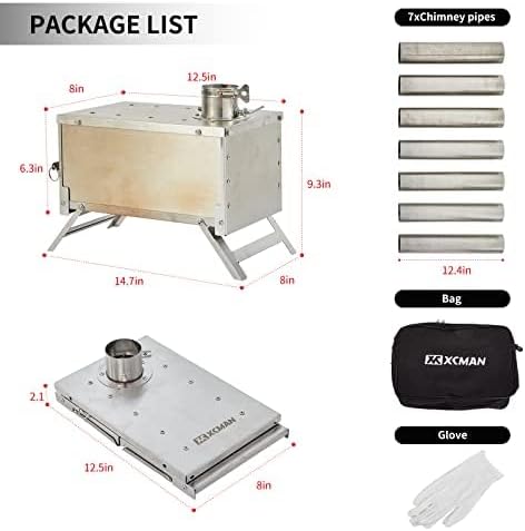 XCMAN Camping Wood Stove | Backpacking Stove | Small Tent Stove Portable Tiny Wood Burning Stove for Tents, Ice fishing Tent, and Camping Precision Stainless Steel Construction, Includes Chimney Pipe